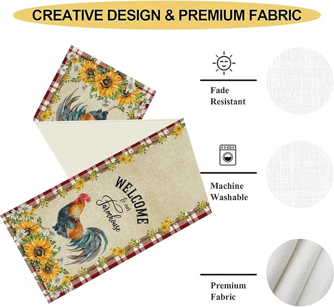Rooster Table Runner, Farmhouse Red Plaid Sunflower Floral Chicken Farm Cow Pig Rustic Coffee Table Center Decor for Family Kitchen and Dining Room Outdoor Country Party Table Decorations, 13"x72"