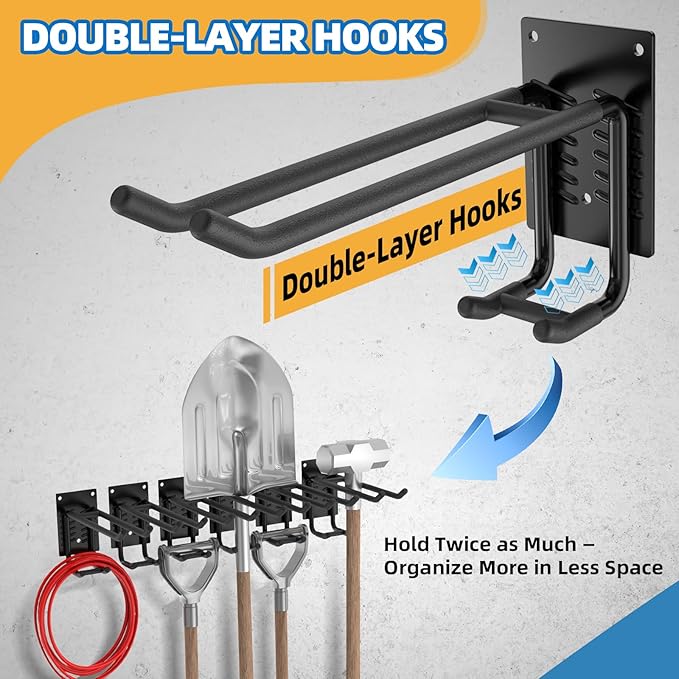 12 Pack Garage Hooks Heavy Duty 10 INCH Double-Layer Steel Shed Wall Mount Workshop Garage Storage Organizer Hooks for Hanging Garden Tool, Hose, Ladder, Chairs, Bikes with Anti-Slip Coating