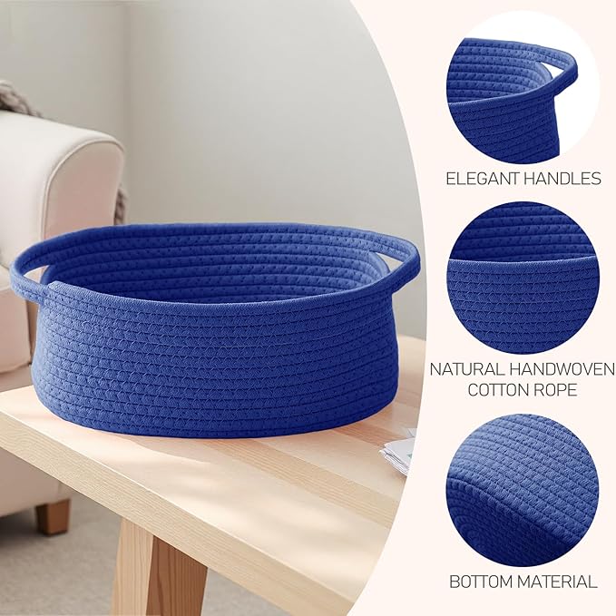 Woven Basket,Small Rope Storage Bin with Handles & Ribbon Bag, Organizer for Shelves Closets,Gift Basket Empty for Birthday,Books,Dog Toys, Navy Blue