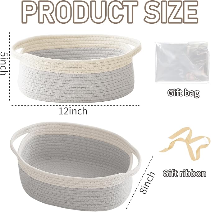 Woven Basket,Small Rope Storage Bin with Handles & Ribbon Bag, Organizer for Shelves Closets,Gift Basket Empty for Birthday,Books,Dog Toys, White&Grey