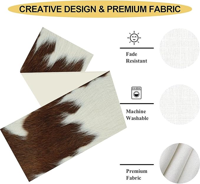 Cow Print Table Runner, Brown Cowhide Print Western Style Table Runner Country Farmhouse Cottage Cow Pattern Linen Table Decoration for Home Kitchen Dining 13x72