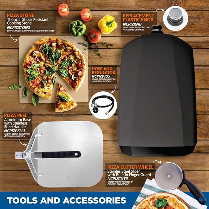 NutriChef Portable Outdoor Gas Pizza Oven - Includes Foldable Feet, Adjustable Heat Control Dial, Burner, Stone & Regulator Hose - Cooks 12" Pizza in 60 Seconds - 25.24'' x 16.14'' x 12.40'' IN