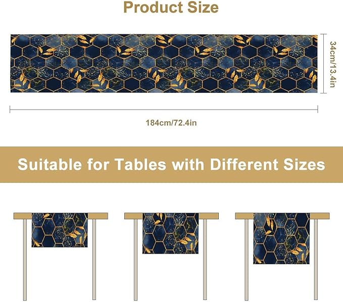 Marble Table Runner, Dark Blue Gold Modern Marble Leaf Aesthetic Geometric Table Runner for Indoor Home Living Room Party Dining Kitchen 13x70in
