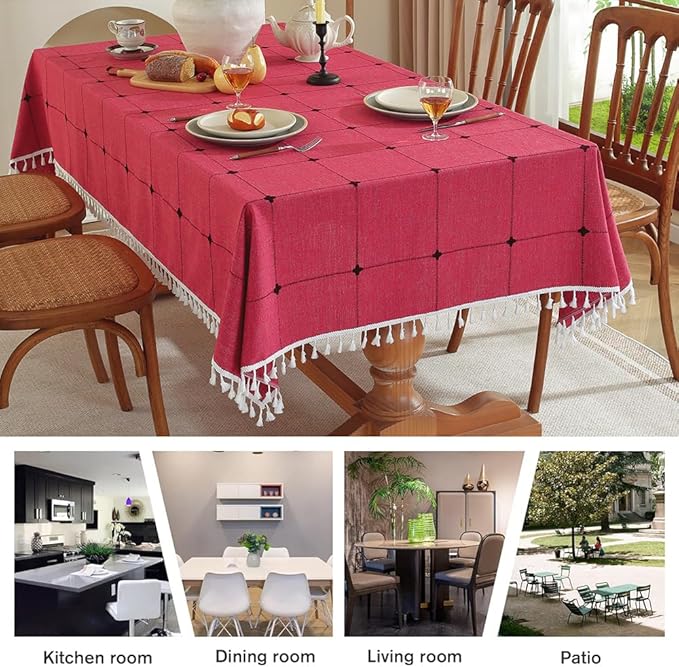Pahajim Rustic Linen Tablecloth Cotton Rectangle Table Cloth for Kitchen Dining with Tassel Plaid Waterproof Tablecloths Rectangle/Oblong,55''x102'',8-10 Seats