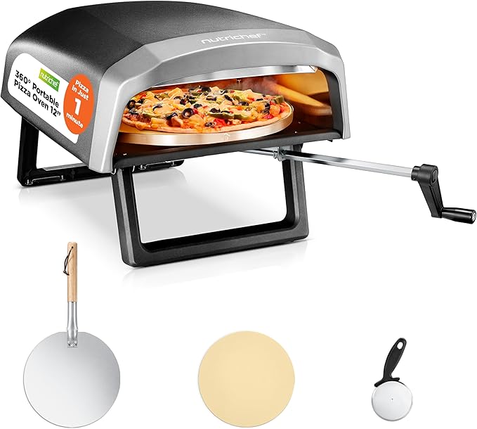 Nutrichef Outdoor Pizza Oven | Cook 12" Pizza in 60 Seconds | Manual 360° Rotating Pizza Stone | Adjustable Heat | Includes Pizza Peel, Pizza Cutter, Stone, Cover, & Hose | Long Handle