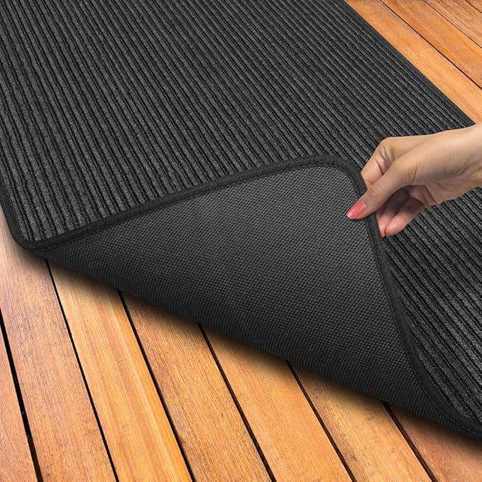 House, Home and More Indoor Outdoor Double-Ribbed Carpet Runner with Skid-Resistant Rubber Backing - Smokey Black - 4 Feet x 15 Feet