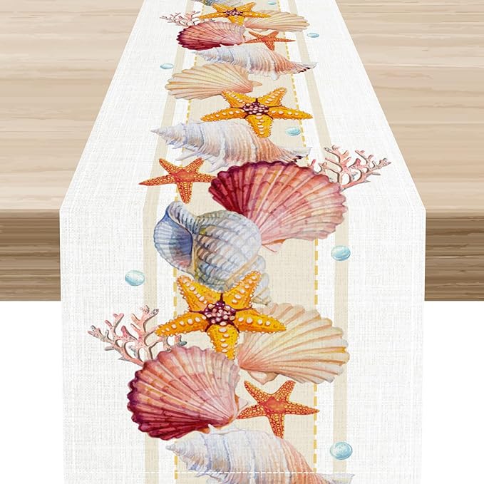Coastal Table Runner, Yellow Coastal Starfish Coral Shell Pearl Beach Ocean Watercolor Summer Coffee Table Center Decor for Holiday Party Kitchen Outdoor Farmhouse Table Decorations, 13" X 108"