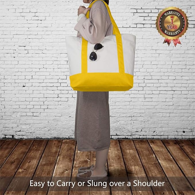 TOPDesign 3-Pack Canvas Tote Bags with an External Pocket, Reusable Grocery Shopping Bags, Top Zipper Closure, Daily Essentials (Yellow/Natural)