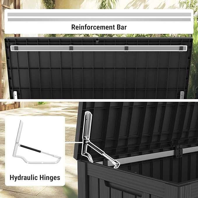 Mars Villa 150 Gallon Deck Box, Waterproof and Weatherproof Large Resin Storage Bin with Lockable Lid, Ideal for, Outdoor, Patio Furniture Cushions, Pool Supplies, Garden Tools, Black