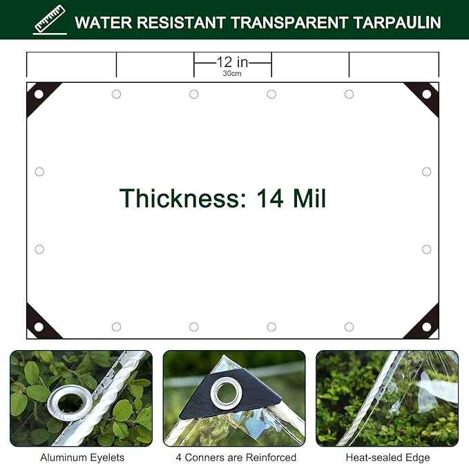 Clear Tarp with Grommets, 8x20ft Transparent Heavy Duty Water Resistant Tarp Cover with Reinforced Edge,14Mil Thickened Tear Resistant PVC Vinyl Tarpaulin Enclosure for Patio,Porch and Outdoor