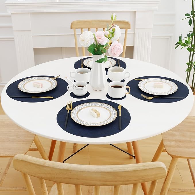 Homaxy Round Faux Leather Placemats and Coasters, Washable Dual-Side Table Mats, Wipeable Heat-Resistant Dining Place Mats for Outdoor and Indoor, Set of 4, Diameter 13 and 3.93 inch, Navy Blue