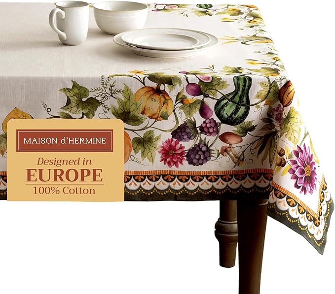 Maison d' Hermine Table Cloth Rectangle Table 100% Cotton 60 x 108 Inches Fall Tablecloth Reusable Everyday Use for Thanksgiving Christmas Decorations Dining Farmhouse (Pumpkin Garden - Cloudy Cream)