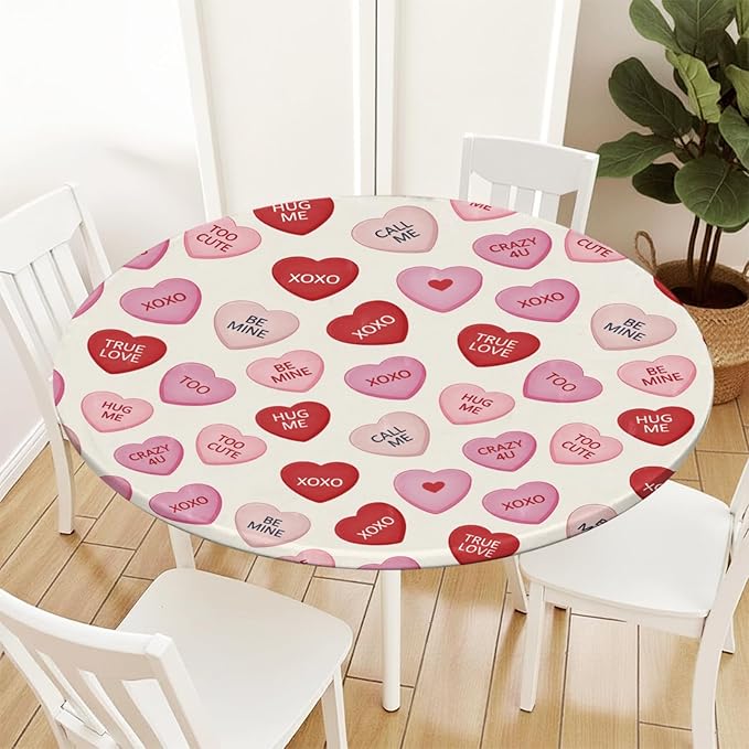 Valentines Day Round Fitted Tablecloth with Elastic Pink Red Love Hearts Circle Table Cloth for 40-44" Round Tables Wipeable Waterproof Valentines Decorative Table Cover for Picnic Dining Party Decor