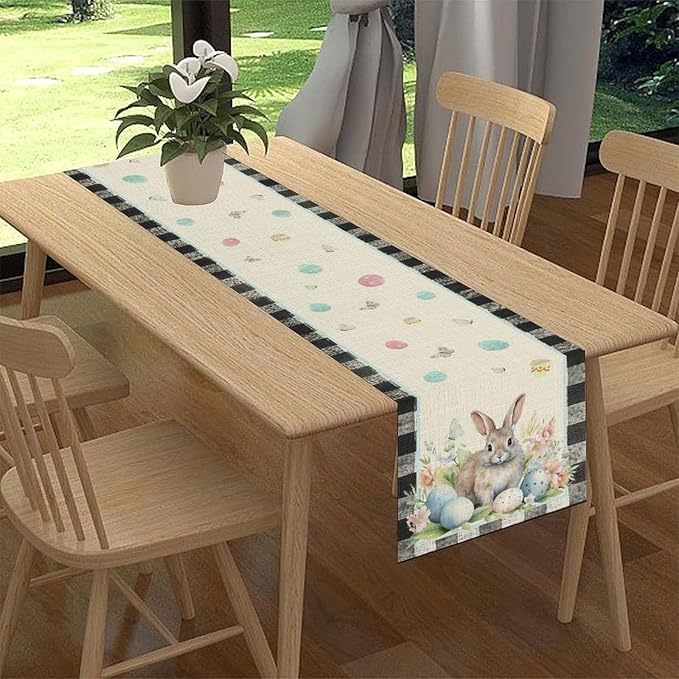 Easter Table Runner,Vinatge Black Plaid Rabbit Easter Eggs Butterflies Floral Spring Table Center Decor for Family Kitchen and Living Room Outdoor Farmhouse Party Table Decorations, 13"x108"