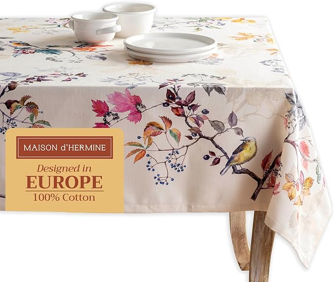 Maison d' Hermine Table Cloth Rectangle Table 100% Cotton 60 x 90 Inches Fall Tablecloth Reusable Everyday Use for Thanksgiving Christmas Decorations Dining Farmhouse Party (Equinoxe - Beige)