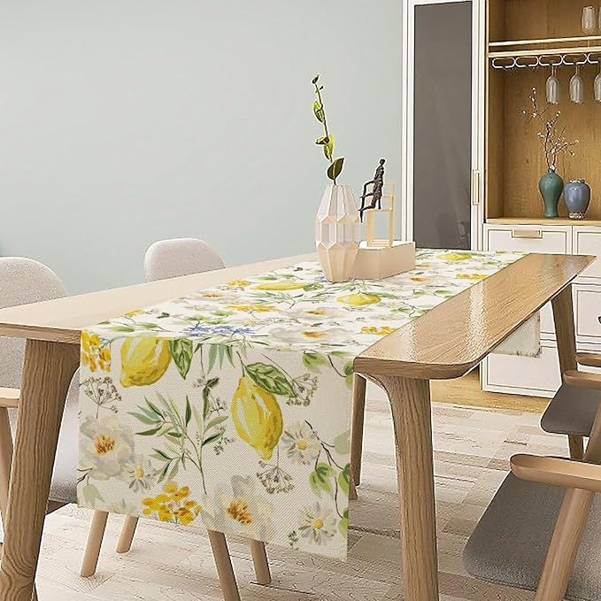 Vintage Lemon Blossom Table Runner Seasonal Spring Summer Floral Farmhouse Dining Table Decoration for Home Holiday Party Dresser Kitchen Cabin Restaurant Wedding Decor 13×120in