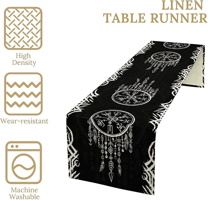Viking Table Runner, Nordic Ancient Mythical Runes Print Table Runner for Home Dining Kitchen Coffee Table Party 13x90in