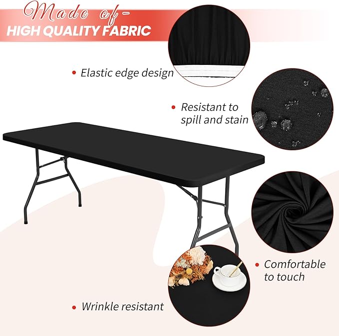 10 Pack Stretch Fabric Table Top Cap Cover, fits 6Ft Tables, Spandex Table Covers Washable Elastic Universal Rectangle Tablecloth Protector for Indoor Outdoor Party Picnic Wedding, Black,30" W x 72" L