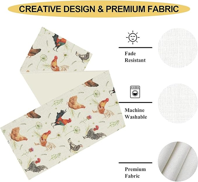 Farmhouse Rooster Table Runner, Rustic Farm Animals Cow Pig Chicken Coffee Table Center Decor for Home Kitchen Dining Patio Holiday Party Indoor Outdoor Table Decorations, 13"x90" Inch
