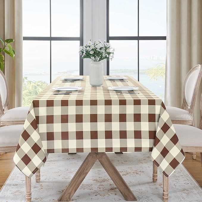 Softalker Gingham Checkered Tablecloth Rectangle - Outdoor Waterproof Buffalo Plaid Table Cloth, Stain Resistant Washable Table Cover for Picnic, Camping, Dining - Coffee and White, 60 x 120 Inch