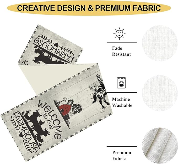 Farmhouse Cow Table Runner, Rustic Rooster Sheep Black White Plaid Animals Farm Coffee Table Center Decor for Home Kitchen Dining Patio Holiday Party Indoor Outdoor Table Decorations, 13"x90"