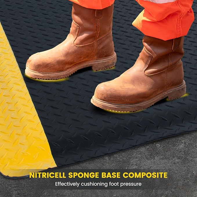 3' x 5' ESD Anti-Fatigue Conductive Mat, Durable Heavy Duty Diamond Plate, Soft Sponge Ergonomic Mat, Non Slip Waterproof Floor Mats for Commercial&Industrial Work, Thick 3/4” Black with Yellow Border