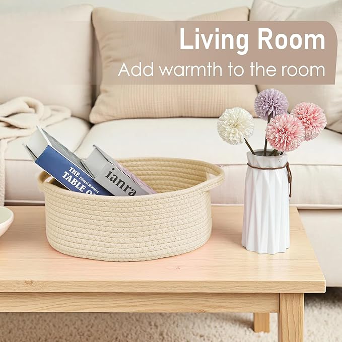 Woven Basket,Small Rope Storage Bin with Handles & Ribbon Bag, Organizer for Shelves Closets,Gift Basket Empty for Birthday,Books,Dog Toys,Beige/2 Pack