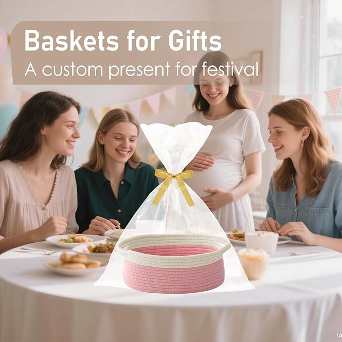 Woven Basket,Small Rope Storage Bin with Handles & Ribbon Bag, Organizer for Shelves Closets,Gift Basket Empty for Birthday,Books,Dog Toys, White&Pink