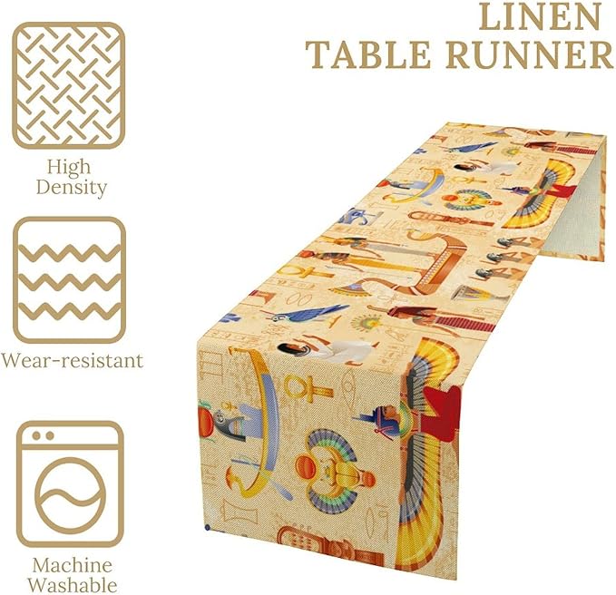 Egypt Table Runner, Ancient Egyptian Mythology Gods Hieroglyphic Elements Retro Farmhouse Table Runner for Home Kitchen Dining Party Indoor Outdoor 13x108in