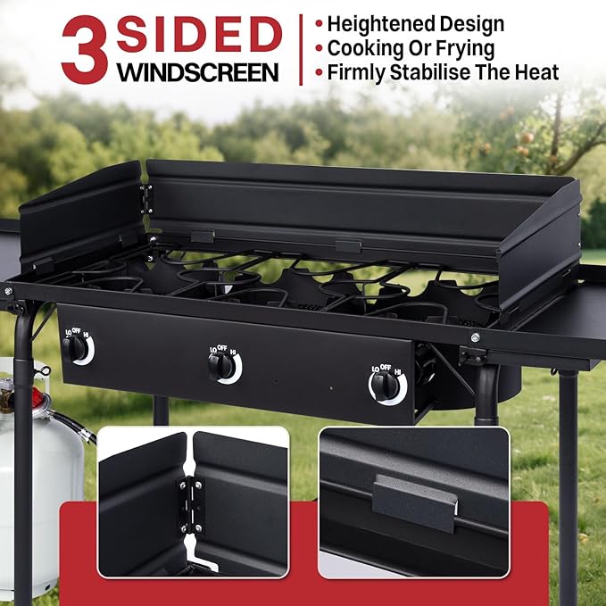 3 Burner Propane Camp Stove | 225,000 BTU Gas Burners | Side Shelves | Windscreen | Waterproof Cover | Detachable Legs | Ideal for Camping Backyard Outdoor Cooking