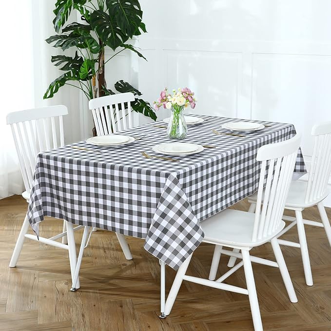 Romanstile Square Vinyl Tablecloth, 100% Waterproof Buffalo Gingham Plastic Table Cloth, Heavy Duty Wipeable Checkered Table Covers for Outdoor, Camping, Picnic, Patio - 54 x 54, Grey and White