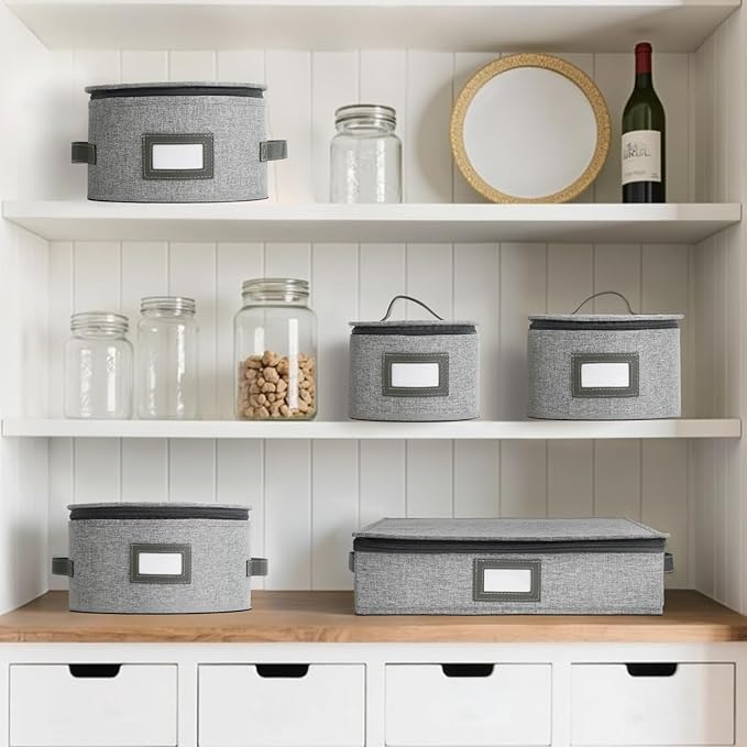 HOMELUX THEORY Saucer Plate Storage Box, 2pc LightGray Hard Shell China Storage Containers Thick Lid & 24 Felt Pads, Heavy Duty Moving Box with Handles for Dishes, Dinner Plate, & Dinnerware