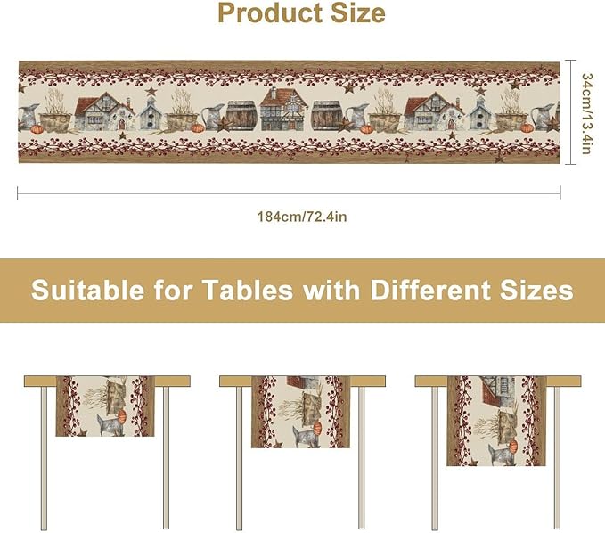Western Texas Table Runner, Rustic Farmhouse Country Barn Berry Vintage Rural Houses Pumpkin Print Table Runner for Party Picnic Dining Kitchen Table Decor,13x90inch
