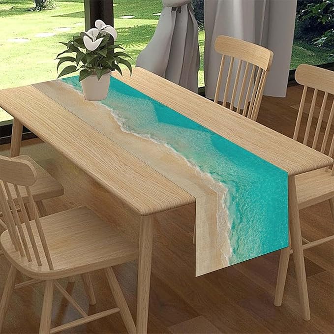 Blue Sea Waves Table Runner, Summer Turquoise Tropical Beach Sandy Ocean Clear Sea Water Coffee Table Center Deco, for Wedding Party Holiday and Living Room Table Decorations, 13" X 108"