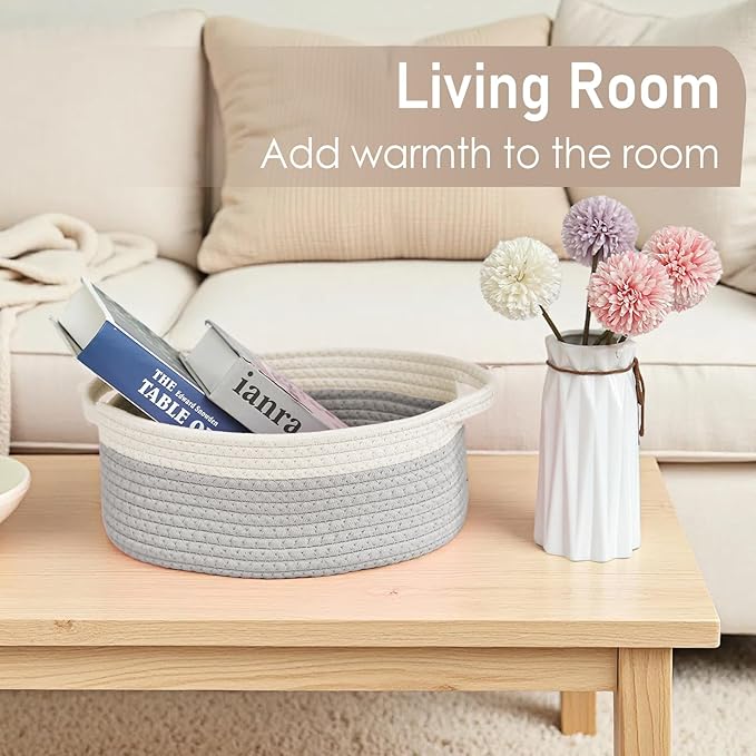 Woven Basket,Small Rope Storage Bin with Handles & Ribbon Bag, Organizer for Shelves Closets,Gift Basket Empty for Birthday,Books,Dog Toys, White&Grey