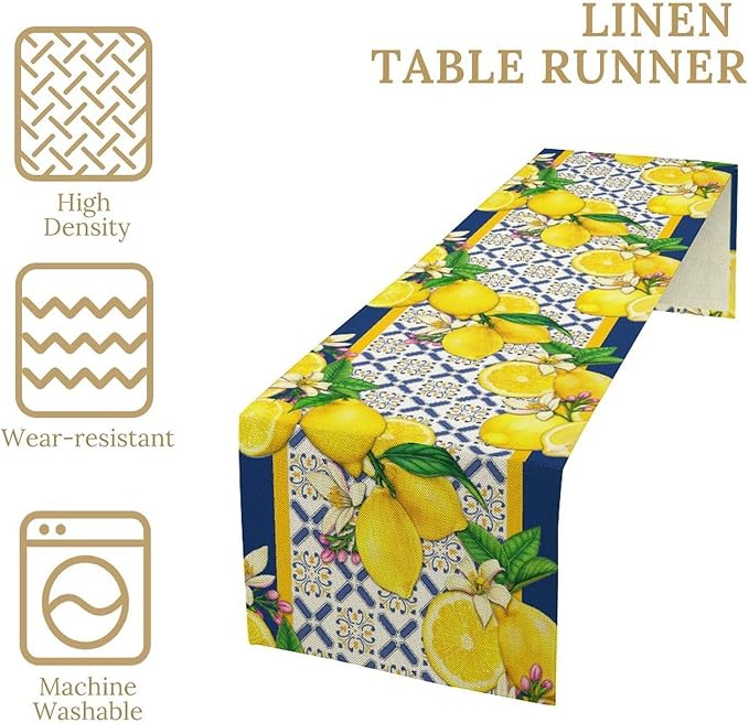 Yellow Lemon Table Runner, Spring Summer Seasonal Blue Tiles Watercolor Lemon Table Runner for Farmhouse Kitchen Indoor Outdoor Party Decor, 13x108inch