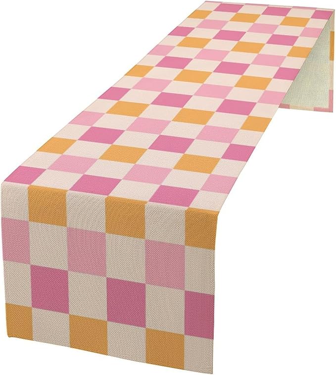 Pink Checkered Table Runner, Vintage 70s Abstract Cute Modern Hippie Table Runner for Party Kitchen Dining Home Outdoor 13x60in
