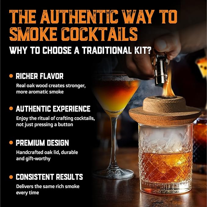 Whiskey Smoker Kit with Torch and Butane and Old Fashioned Syrup - 8 Flavors Wood Chips, 100% USA Oak, High-End Set - Old Fashioned Bourbon Cocktail Smoker Kit Gift for Men Dad