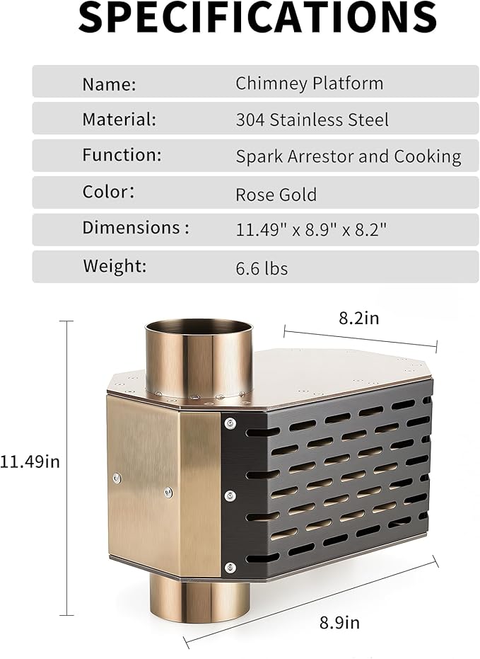 304 Stainless Steel Chimney Platform with Spark Arrestor and Cooking Platform, with Tent Protection, for Wood Burning Stoves with 70mm Diameter Chimneys, Rose Gold