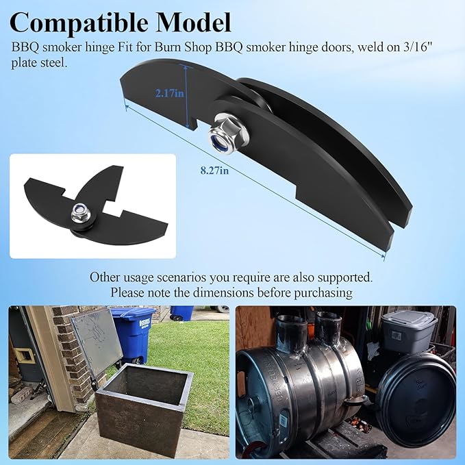 1 Pc 8 x 2 1/4" Large Heavy Duty BBQ Smoker Hinge, Compatible with Burn Shop BBQ Smoker Hinge Doors, Fit for 3/16" Plate Steel, with Bolt, Nut, Washers