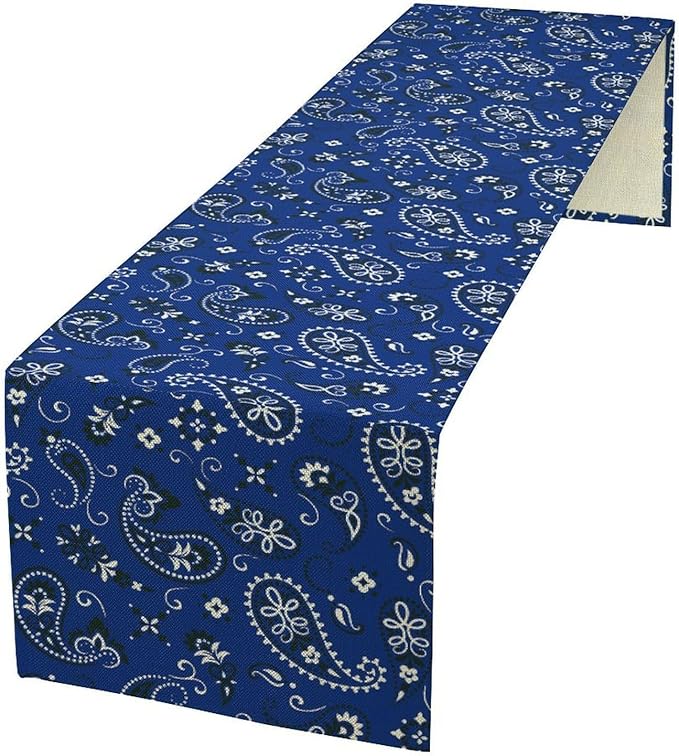 Blue Paisley Table Runner, Vintage Damask Antique Floral Flower Boho Damask Swirled Rustic Coffee Table Center Decor for Family Kitchen and Living Room Outdoor Table Decorations, 13"x72"