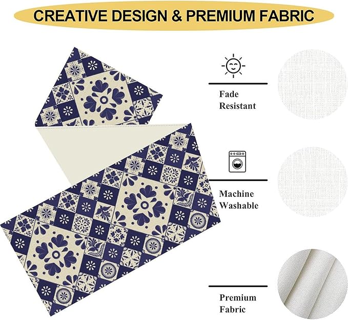 Mexican Table Runner, Blue Floral Birds Mexico Talavera Ceramic Dia De Los Muertos Coffee Table Center Decor for Family Home Kitchen and Dining Farmhouse Indoor Outdoor Table Decorations, 13" X 108"