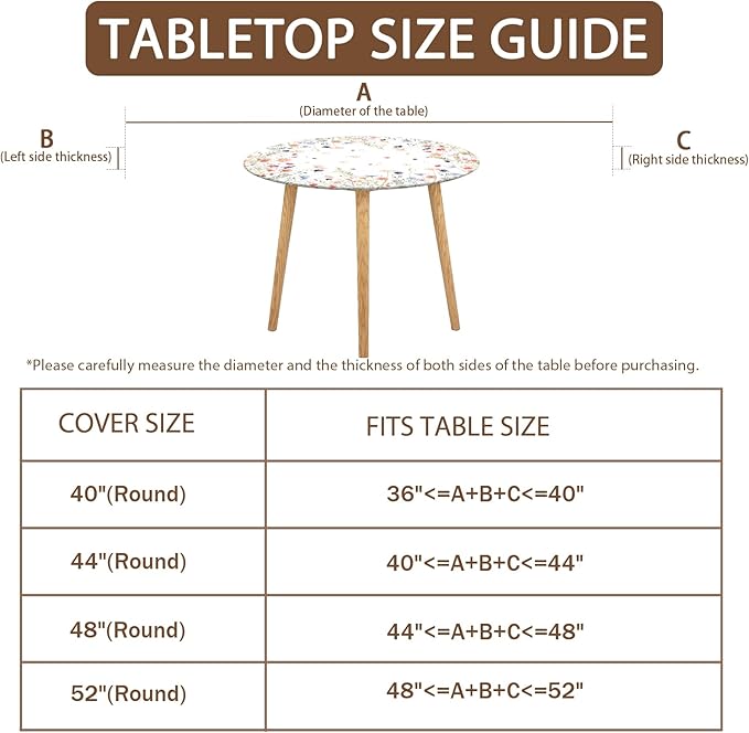 Spring Summer Floral Round Fitted Tablecloth with Elastic Watercolor Farmhouse Wildflower Circle Table Cloth for 44-48" Tables Wipeable Waterproof Easter Flower Table Cover for Picnic Dining Outdoor