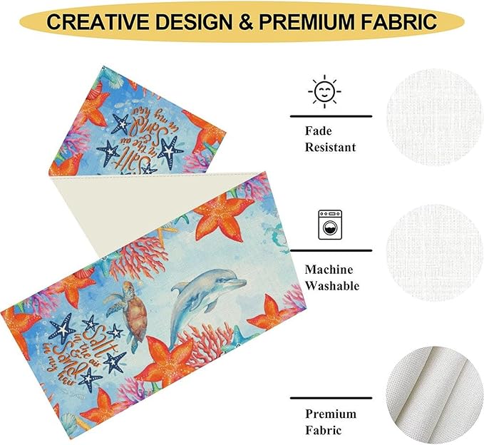 Summer Ocean Table Runner, Blue Sea Coastal Nautical Starfish Turtle Dolphin Seashell Undersea Table Runner Seasonal Holiday Home Kitchen Dining Table for Home Party Decor 13"x108"