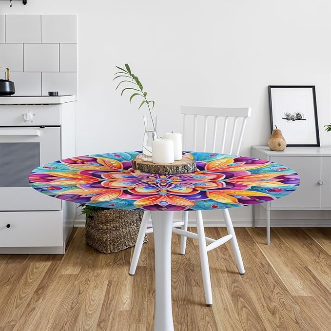 Floral Colorful Bright Vintage Round Table Cloth Cover, Elastic Edge Waterproof Wipeable Tablecloths 36"-42" Polyester Tablecloth for Party Restaurant Banquet Holiday Camping Outdoor Picnic