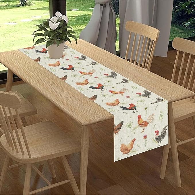 Farmhouse Rooster Table Runner, Rustic Farm Animals Cow Pig Chicken Coffee Table Center Decor for Home Kitchen Dining Patio Holiday Party Indoor Outdoor Table Decorations, 13"x90" Inch