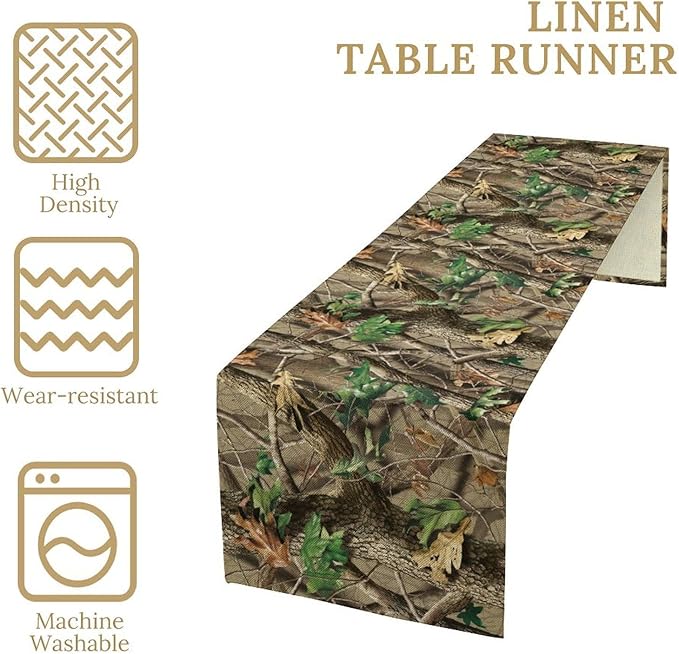 Forest Camouflage Table Runner, Camo Conifer Oak Branches Mossy Hunting Lodge Camp Cabin Table Runner for Kitchen Dining Room Party Camping 13x120in