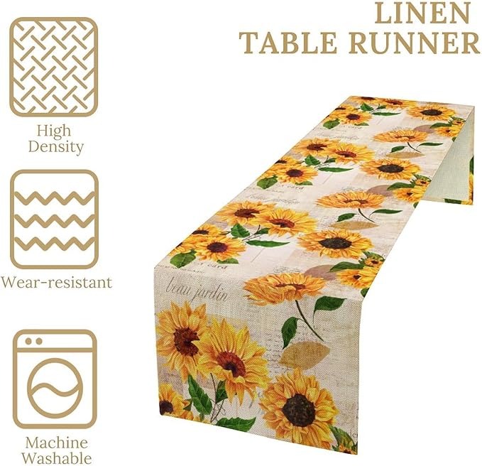 Sunflower Table Runner, Rustic Old Paper Seasonal Table Runner Farmhouse Kitchen Home Party Dining Room 13x60in