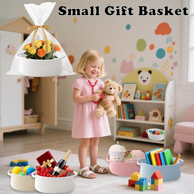 3 Pack Gift Basket with Gift Bag and Ribbons,Small Rope Woven Shelf Storage,Baskets for Gifts Empty,Birthday,Baby Shower,Decorative Organizer Box with Handles(White)