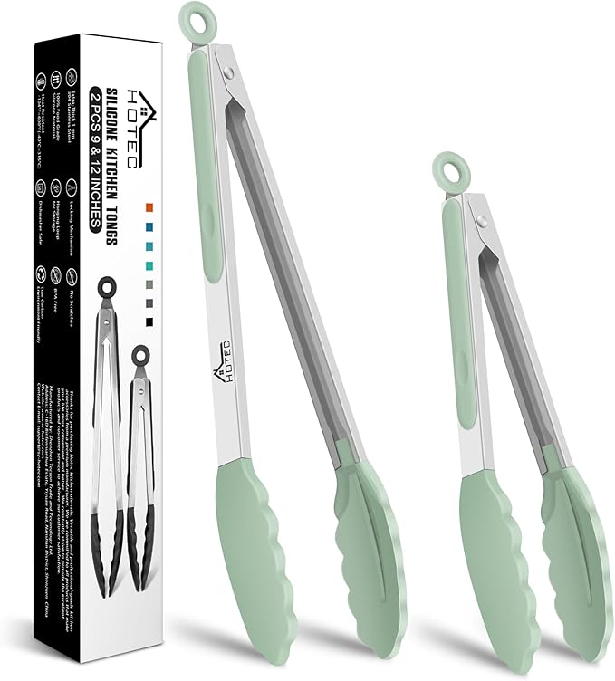 Hotec Premium Stainless Steel Locking Kitchen Tongs with Silicon Tips, Set of 2-9" and 12" Light Green